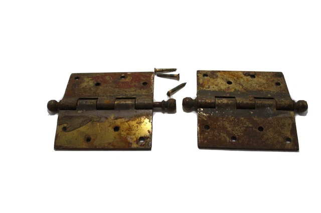 Antique Iron Pair of Heavy Duty Door Hinges with Pins and 3 Brass Screws