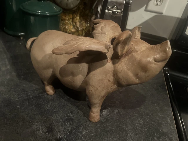 Vintage  Cast Iron 7" Flying Pig  Door Stop Bookend Rustic Shabby Boho