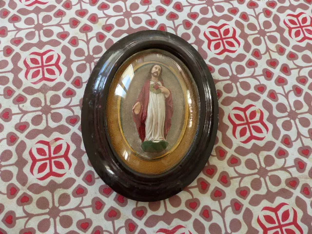 Reliquaire Ancine Christ En Platre Verre Bombe Cadre En Bois