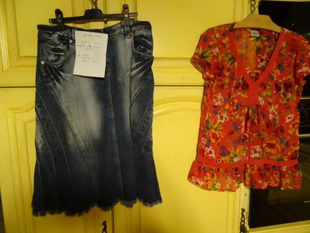 lot T40 jupe supers découpes  femme jeans et corsage rouge léger,voile,neuf