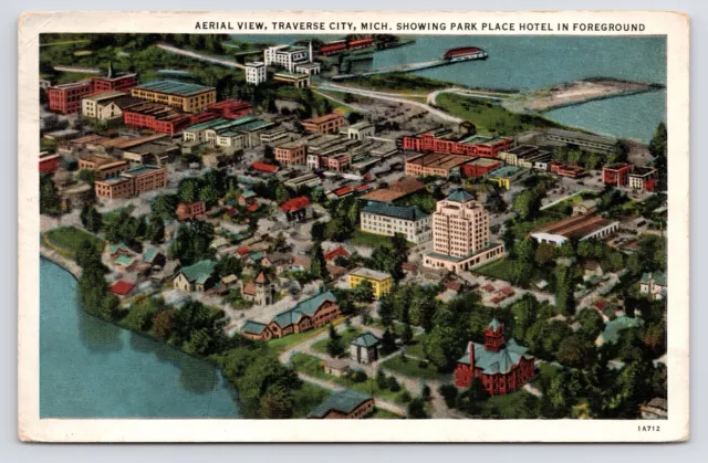 c1920s Traverse City Michigan MI~Aerial View~Downtown~Bay~Lake~VTG Postcard