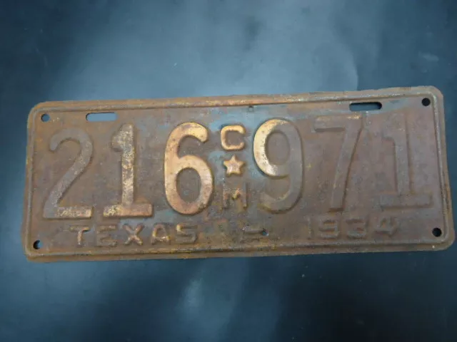 VINTAGE 1934 TEXAS USA LICENSE PLATE 216CM971 BARN FIND MANCAVE BAR GARAGE 13x5