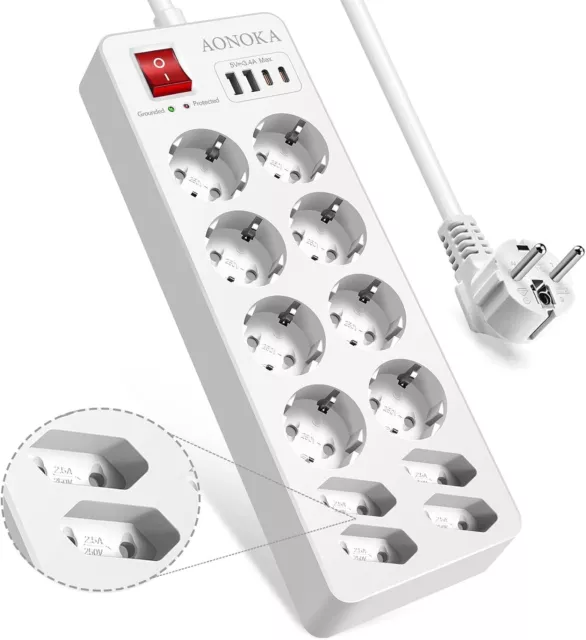 Multipresa Ciabatta Elettrica USB 12 Presa,Ciabatta Multipresa 12 Posti Protezio