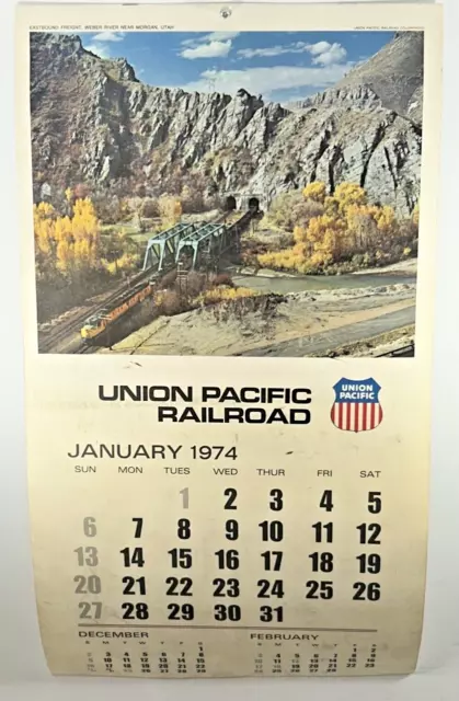 1974 Union Pacific Railroad Complete Wall Hanging Calendar Color Photos 2-Sided