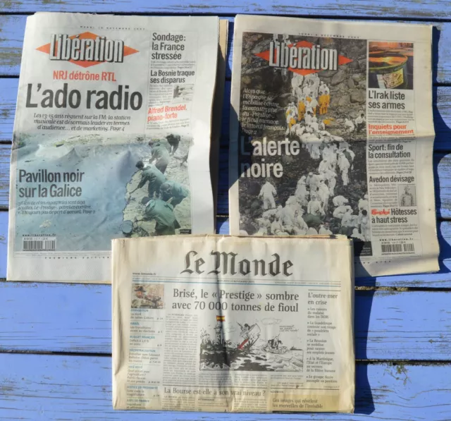Lot de 3 journaux, Libération + Le Monde, naufrage du Prestige en Galice