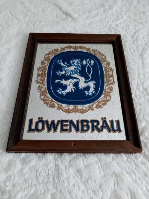 Lowenbrau Beer Mirror Wall Hanging Sign  Wooden Frame Bar Man Cave