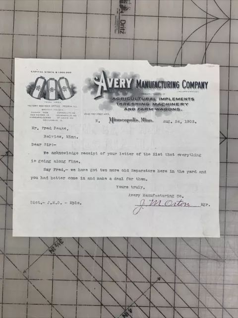 Antique 1903 AVERY MANUFACTORING CO. letterhead typed letter paper document