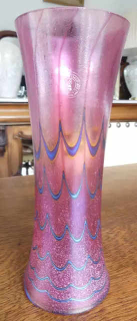 Vintage Laugharne 10.5" Iridescent Art Glass Vase, Pink & Blue . Original Label