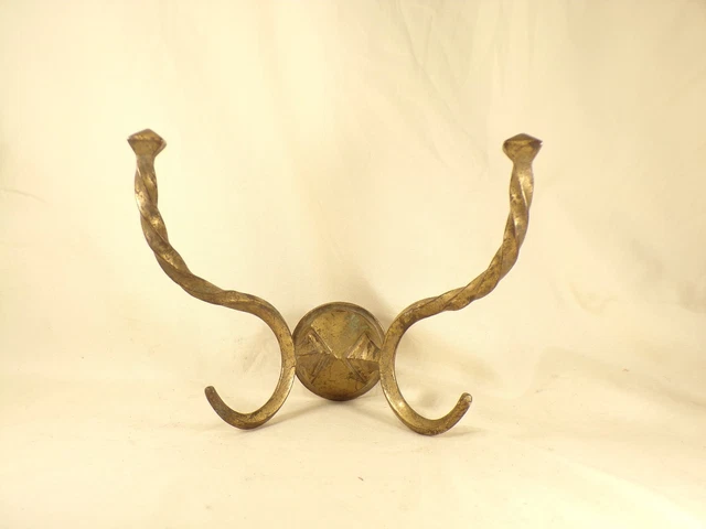 Antique Brass Double Hook Coat & Hat Wall Mount Carriage Hall Tree Railroad