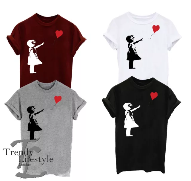 Girl With A Heart Shape Balloon Print Banksy Unisex T-Shirt 4 Colors 100% Cotton
