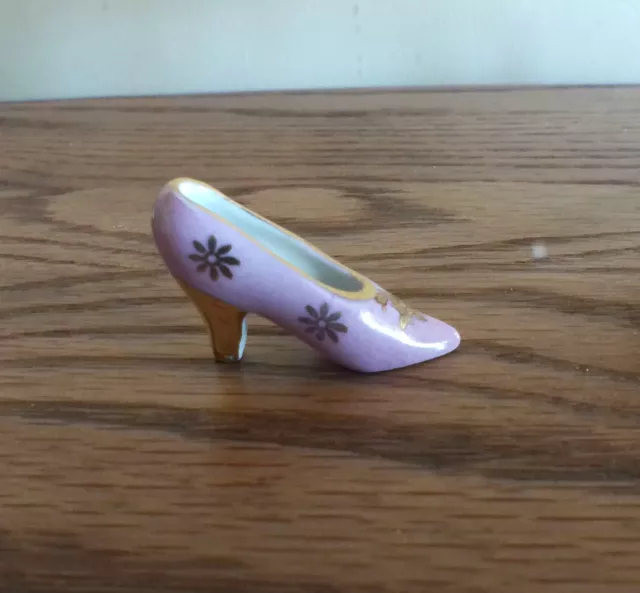 Vintage Limoges France Miniature Pink Porcelain High Heel Shoe, Gold Flowers