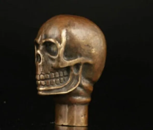 Old Bronze Hand Carved skull Statue Cane Walking Stick Head