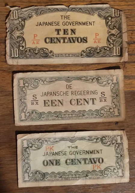 WWII Era 1942 - Japanese Government Occupation 1,1,10 Centavos Philippines