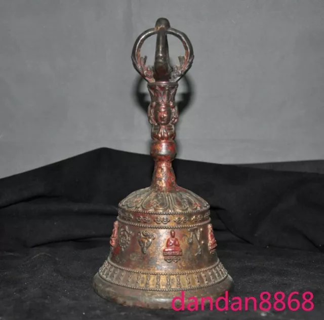 8" Tibet Buddhism temple bronze gilt Tara head Bell Chung chimes clock