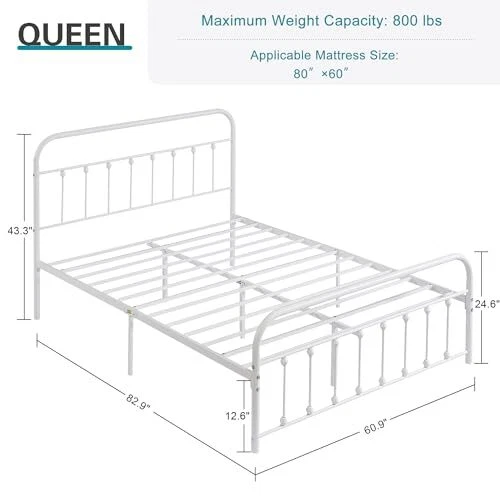 METAL BED FRAME Size with Vintage Headboard and Footboard, No Box Queen