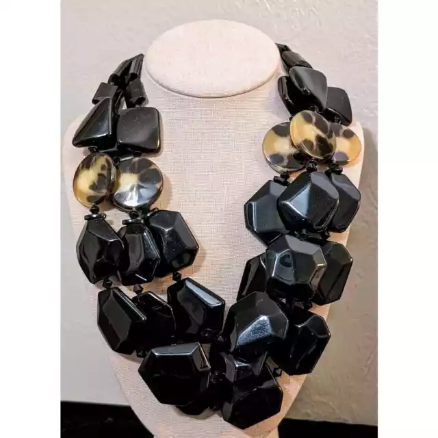 ANGELA CAPUTI Three Strand Chunky Black & Tortoise Color Resin Bead Necklace