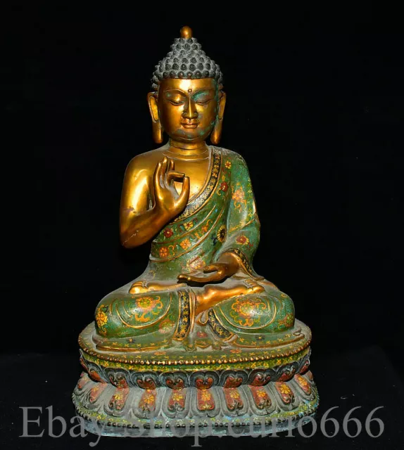 19" Old Cloisonne Enamel Purple Bronze 24K Gold Tibet Shakyamuni Buddha Statue
