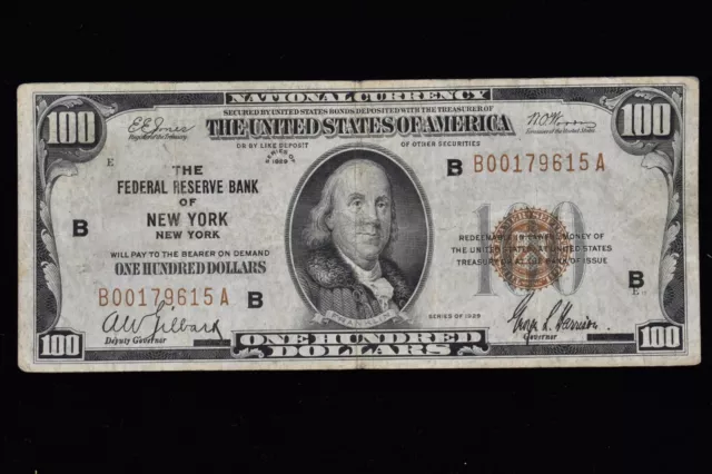 1929 $100 Federal Reserve National Note ✪ New York ✪ Ny Ch-Vf Very Fine◢Trusted◣