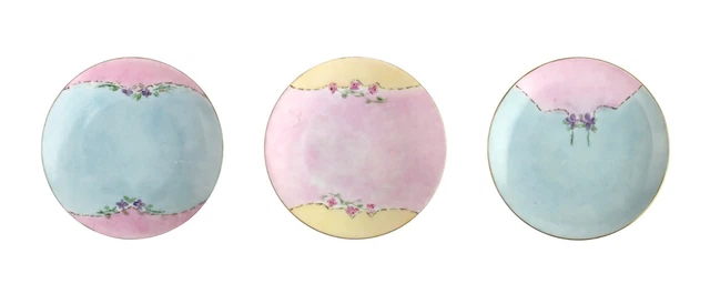 3 Antique Dessert Plates Silesia MZ Austria Hand Painted Pastel Blue Pink Yellow