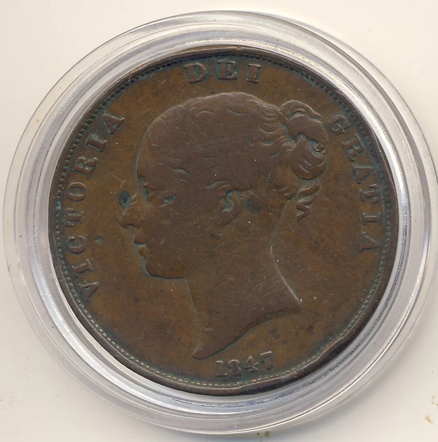 1847 Queen Victoria Young Head Copper Penny Coin