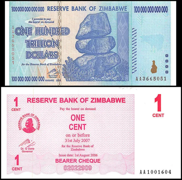 Zim Zimbabwe 100 Trillion Dollars Aa 2008 P91 Series 1 Cent P33 Unc - High / Low