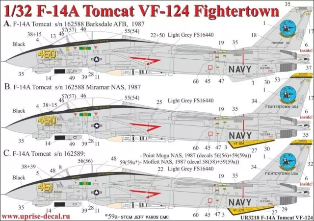 1:32 Aufkleber F-14A Tomcat VF-124 Fightertown mit Schablonen UpRise Decals...