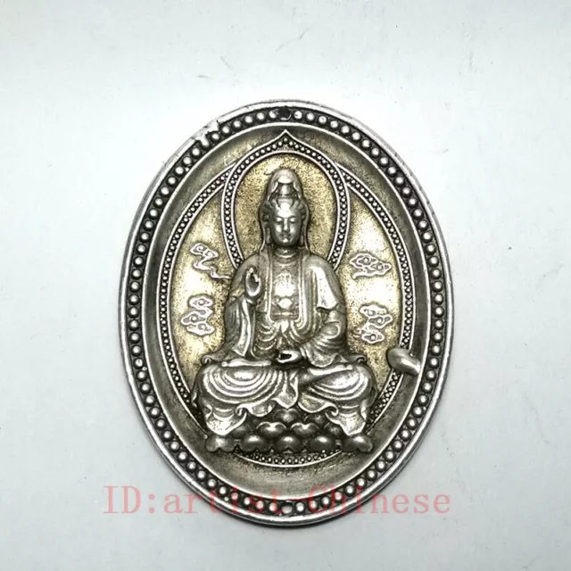 Old Collection Chinese Tibet Silver Carved Avalokitesvara Statue Amulet Necklace