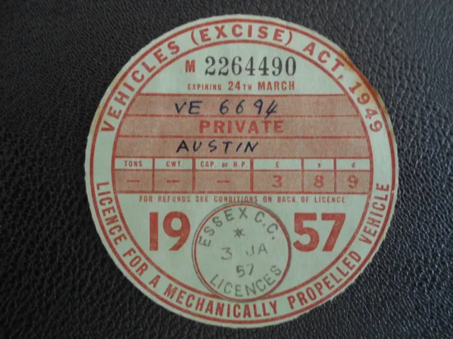 collectable  tax disc from 1957 Austin =-*=*-*=-