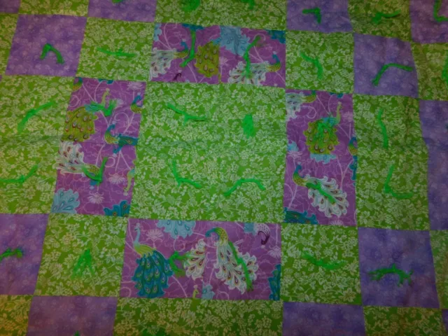 Peacock Small Quilt Handmade Hand Tie Patchwork Purple and Green