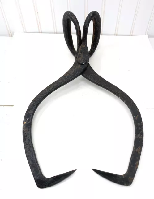 Vintage Cast Iron Ice Block Tongs Carrying Hay Bale, Wood,  Primitive Tool