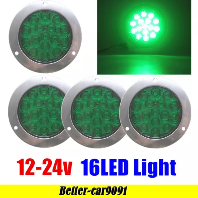 4x 4inch Round 16LED Trailer Tail Lights Truck Stop Brake Lamp Waterproof Green