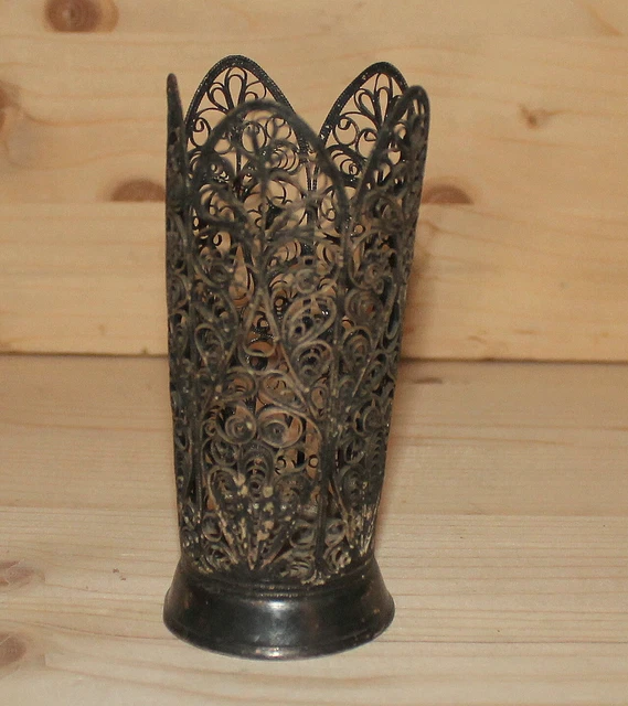 Antique Russian Art Nouveau hand made silver plated filigree floral vase