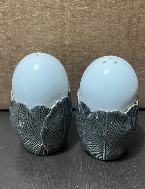 Vintage White Ceramic Egg Salt & Pepper Shakers With Floral Metal Casing Vintage White Ceramic Egg Salt & Pepper Shakers With Floral Metal Casing