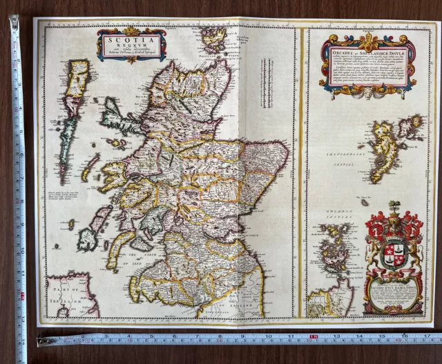 Antique Historic Vintage Old Colour Poster Map of Scotland 1600s REPRINT Blaeu