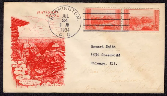 1934 2c Grand Canyon National Park (Scott 741) Pair - Grimsland WDC FDC MZ283