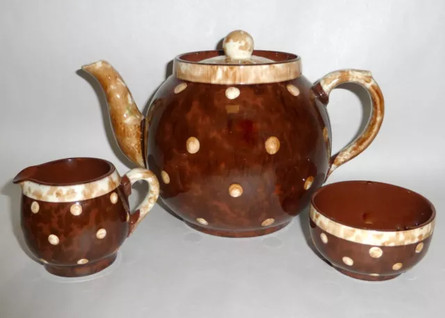 Vintage 1950's England Arthur Woods Brown Betty Polka Dot Teapot Creamer & Sugar