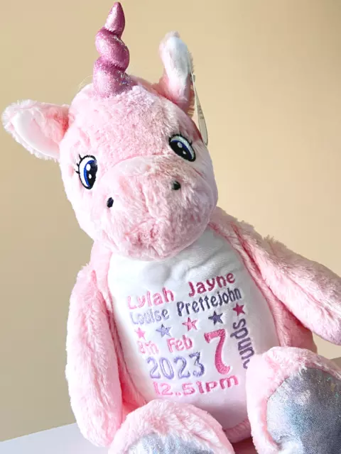 Personalised Large Plush Unicorn Teddy Bear Baby Birth Details Memory Gift