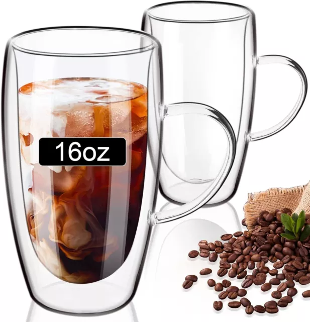 Double Wall Glass Coffee Mugs 16Oz with Handle, Coffee Cups Set of 2, Clear Boro