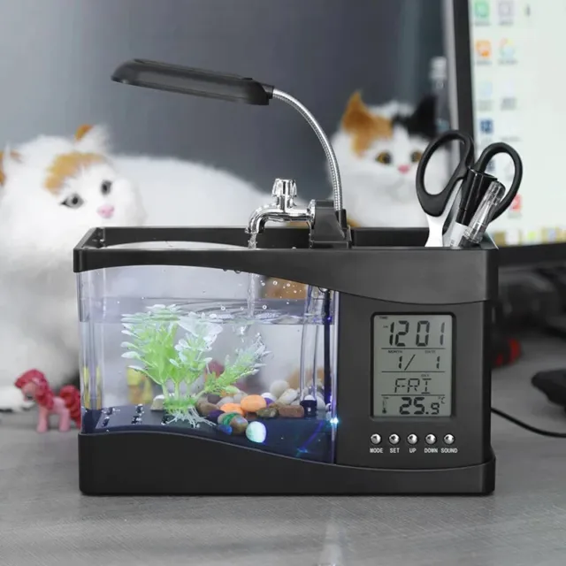 Fish Tank Beta Aquarium with LED Light LCD Display Screen and Clock  USB Desktop