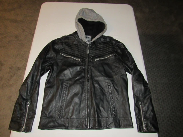 Affliction Men's Black Faux Leather Zip Up Gray Hooded Jacket Coat Size XL