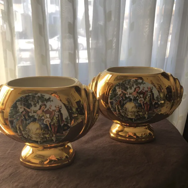 Vintage  Pair of  Hand Decorated  Warranted 22 K Gold Vases / Urns Made In USA