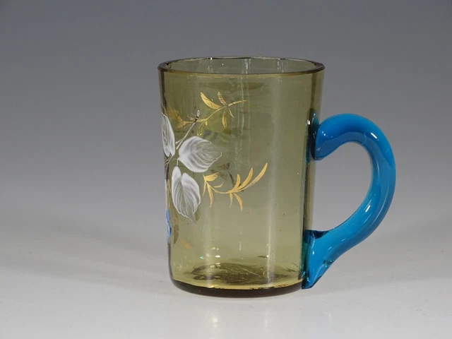 Victorian Amber Glass Mug Blue Handle Handpainted Flowers c.1900