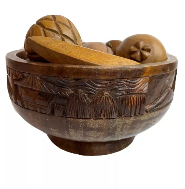Vtg Monkey Wood Fruit Bowl Carved with 11 Fruits Grapes Banana Hawaiian Tiki MCM