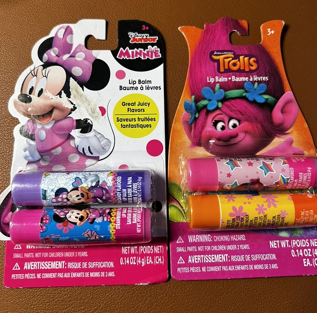 2 NEW DISNEY JUNIOR LIP BALM Packs! MINNIE MOUSE & TROLLS KIDS CHAPSTICK JUICY