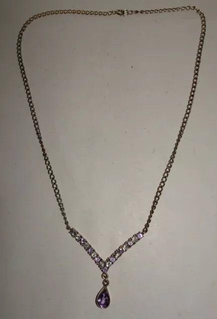 Sterling 925 Amethyst White Topaz V Bar Tear Drop Pendant Necklace