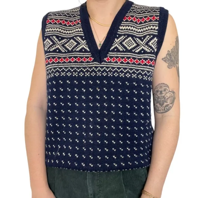 Vintage 1970s LL Bean Navy Fair Isle Wool Birdseye V Neck Sweater Vest Sz M