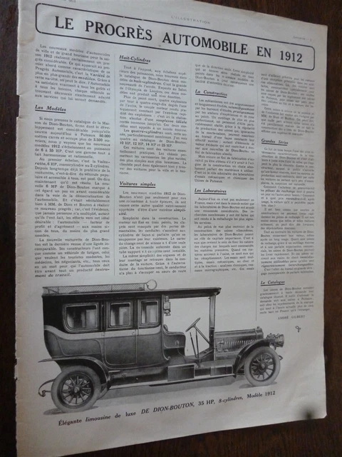 DE DION BOUTON limousine 35 HP 8 cylindres 1912 publicité papier ILLUSTRATION