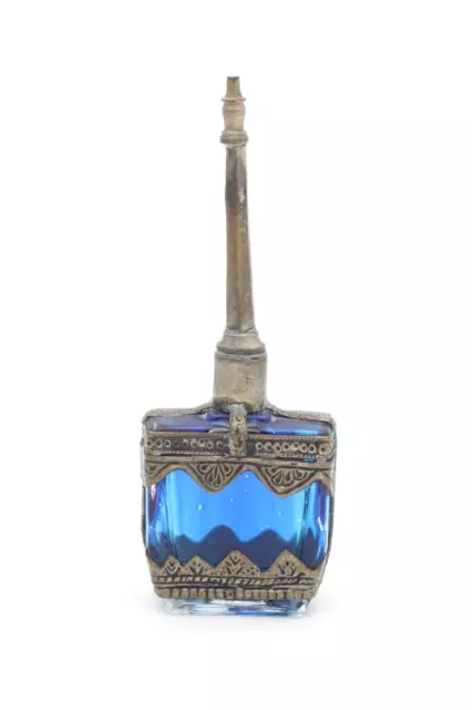 Antike marokkanische Parfüm-Flasche Flakon aus Glas mit Metall-Overlay H 21,5 cm