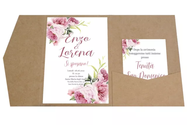 Partecipazioni matrimonio inviti nozze pocketfold carta kraft fiori vari modelli 2