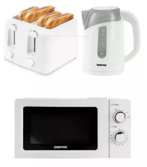 4 Slice Toaster 1.7L Cordless Jug Kettle & 20L Solo Microwave White Geepas